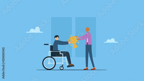 Employee with disabilities get awards. Inclusive office scene. Disabled char collaborate showcasing equality. wheelchairs, supportive colleagues foster a dynamic workspace.