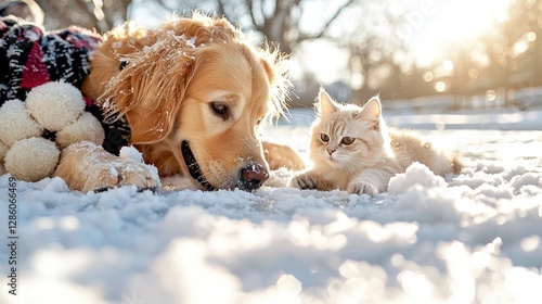 Golden retriever and cat laying in the snow together on a sunny day