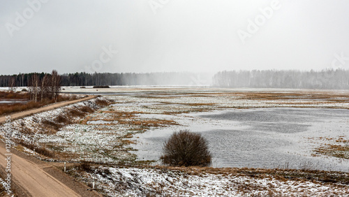 Obraz na płótnie latvian winter landscape with meadow, approaching snowfall, Silzemnieku meadows, Burtnieku lake w salonie