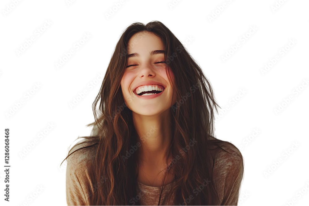 Happy young woman laughing with healthy, white teeth and long brown hair. Happy young woman laughing with healthy, white teeth and long brown hair.