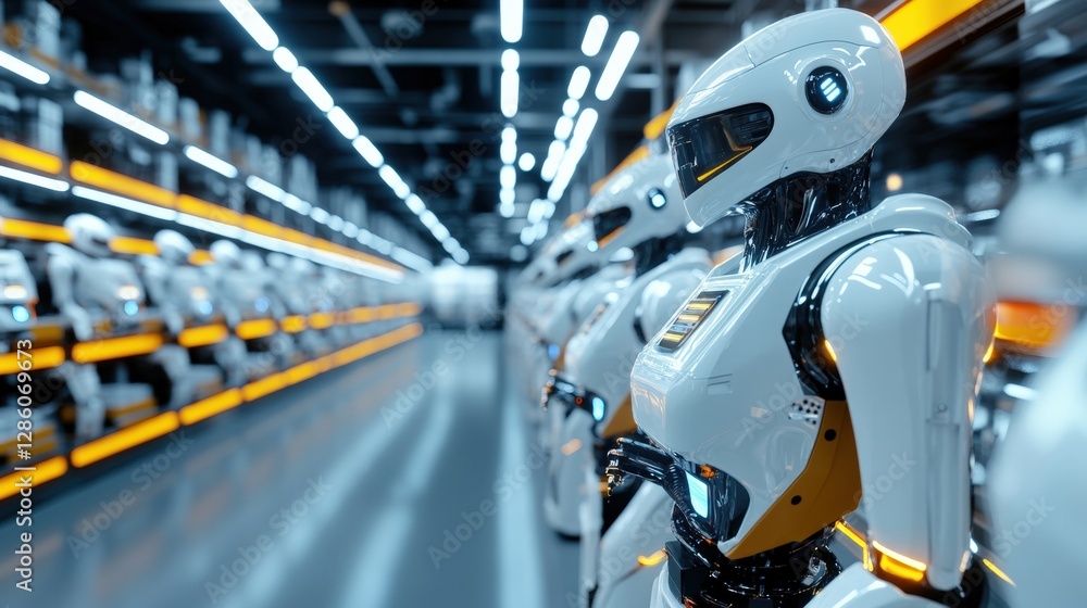 A modern warehouse filled with futuristic robots, showcasing advanced technology and automation in a sleek, illuminated environment. A modern warehouse filled with futuristic robots, showcasing advanced technology and automation in a sleek, illuminated environment.