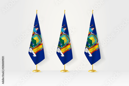 Three New York flags in a row on a golden stand, illustration of press conference and other meetings.