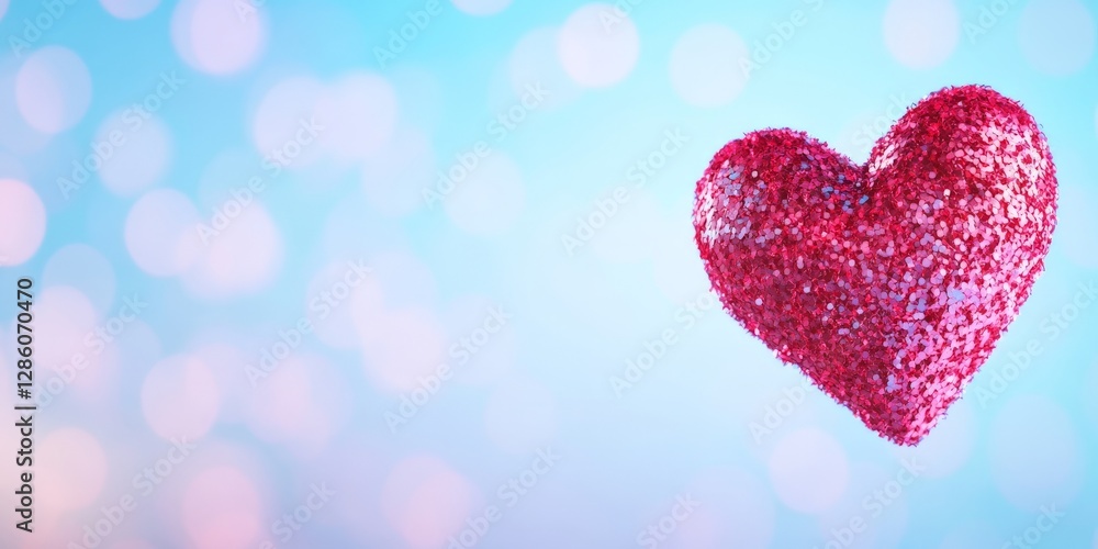 Obraz premium Glittering pink heart against dreamy blue bokeh background creating a magical romantic and enchanting artistic composition symbolizing love and beauty