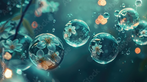 Wallpaper Mural Magical flowers and leaves in crystal water drop surrounded by floating droplets on dark mystical background, fantasy close up background Torontodigital.ca