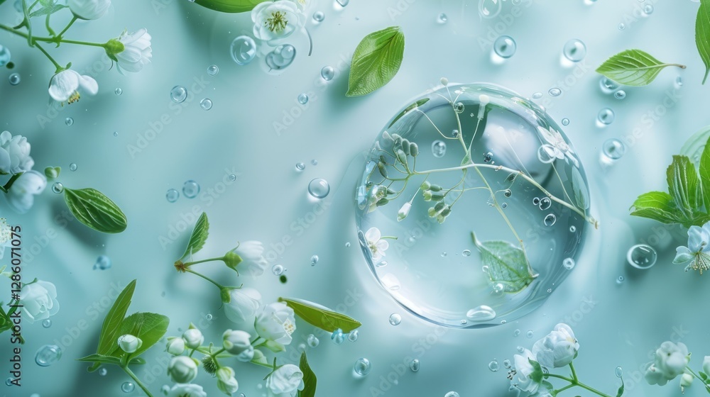 Fototapeta premium Natural cosmetic concept with water drops, white flowers and green leaves on light blue background, flat lay composition