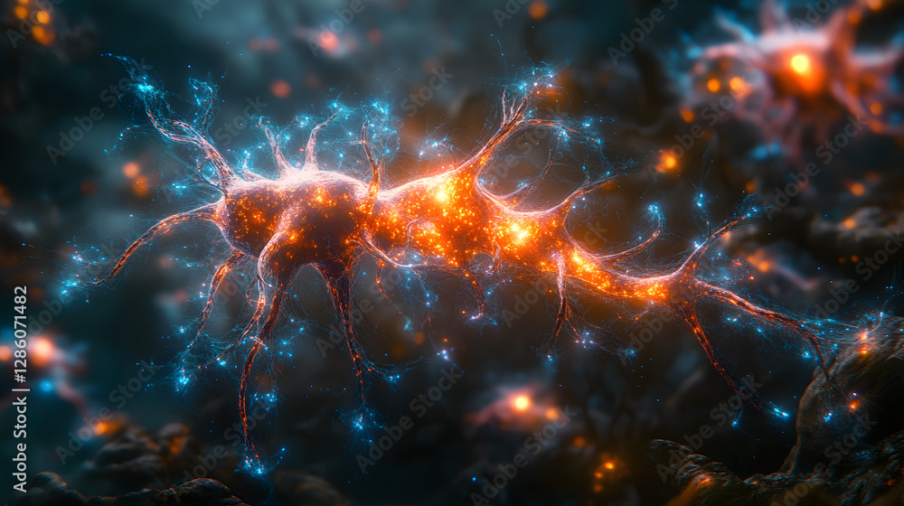 Glowing Neural Network: This image presents a macro-level view of a neuron, with its intricate dendritic structures and axon, all illuminated with a vibrant display of light. Glowing Neural Network: This image presents a macro-level view of a neuron, with its intricate dendritic structures and axon, all illuminated with a vibrant display of light.