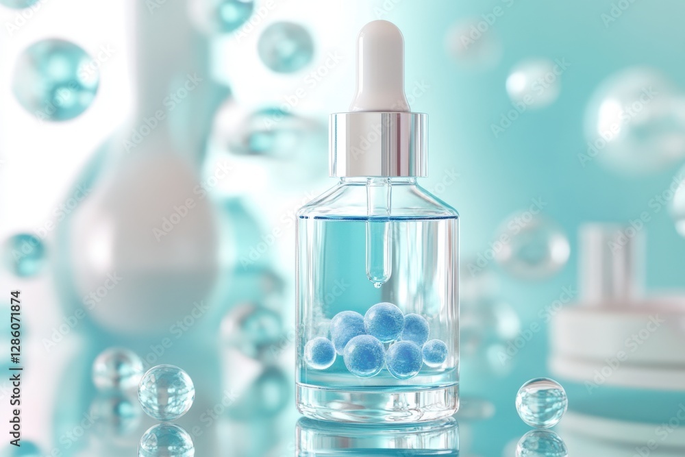 Radiant skincare elixir with delicate blue pearls set against a tranquil aqua backdrop for a refreshing beauty experience. Generative AI Radiant skincare elixir with delicate blue pearls set against a tranquil aqua backdrop for a refreshing beauty experience. Generative AI