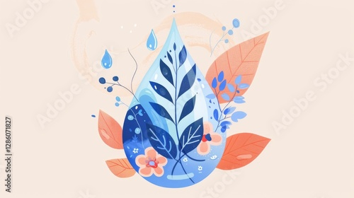 Abstract floral composition with water drop shape and botanical elements in coral and blue colors