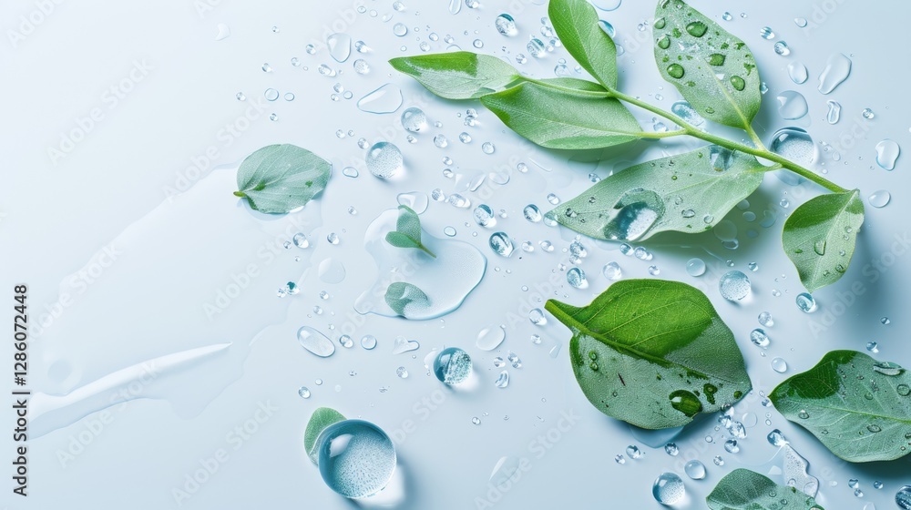Fresh green leaves with water drops on light botanical background, natural eco and hydration concept Fresh green leaves with water drops on light botanical background, natural eco and hydration concept