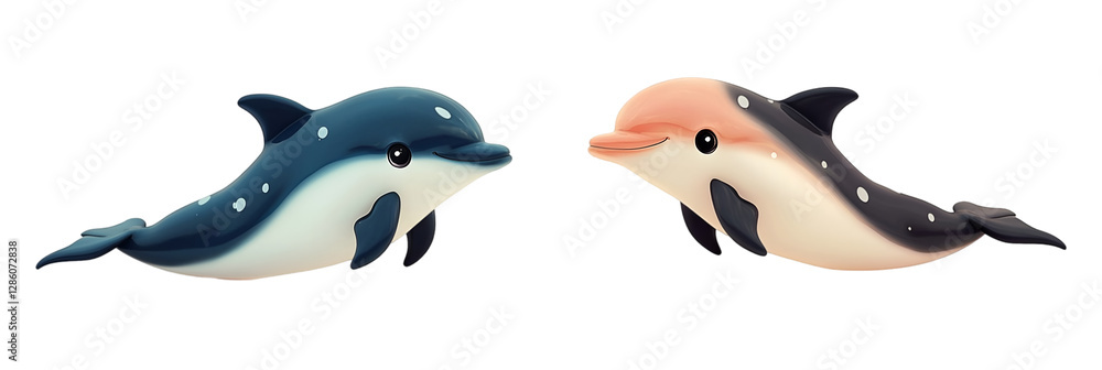 Fototapeta premium Two cute chinese transparent dolphins with contrasting expressions and colors on a transparent background.
