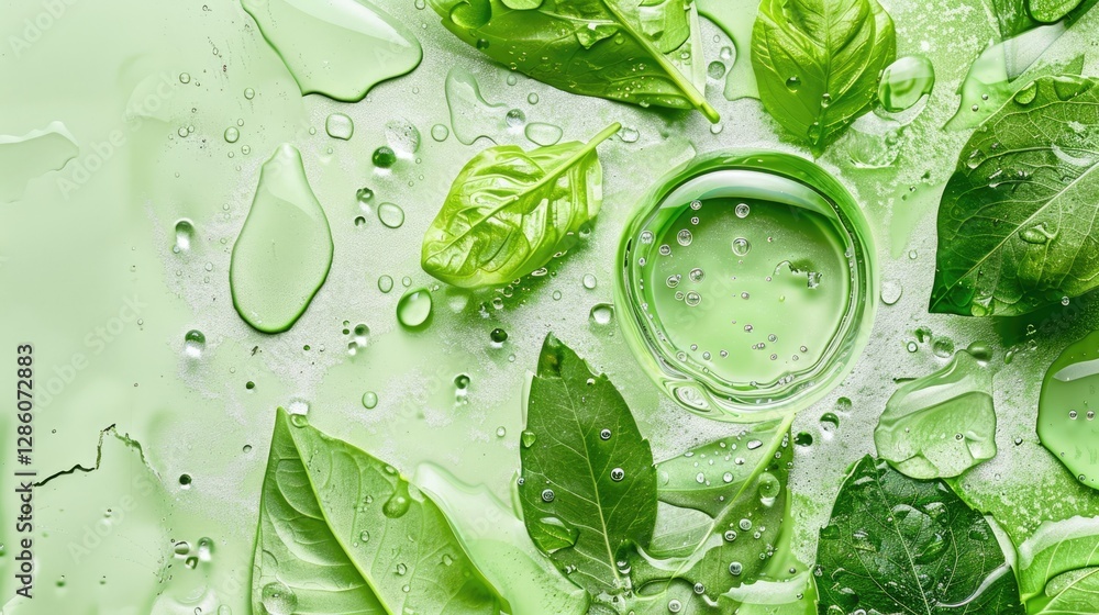 Obraz premium Fresh green leaves floating in water with bubbles and drops on light green botanical background with liquid texture, natural eco and hydration concept