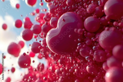 Vibrant pink heart among floating bubbles representing love and affection, ideal for Valentine s Day and romantic themes