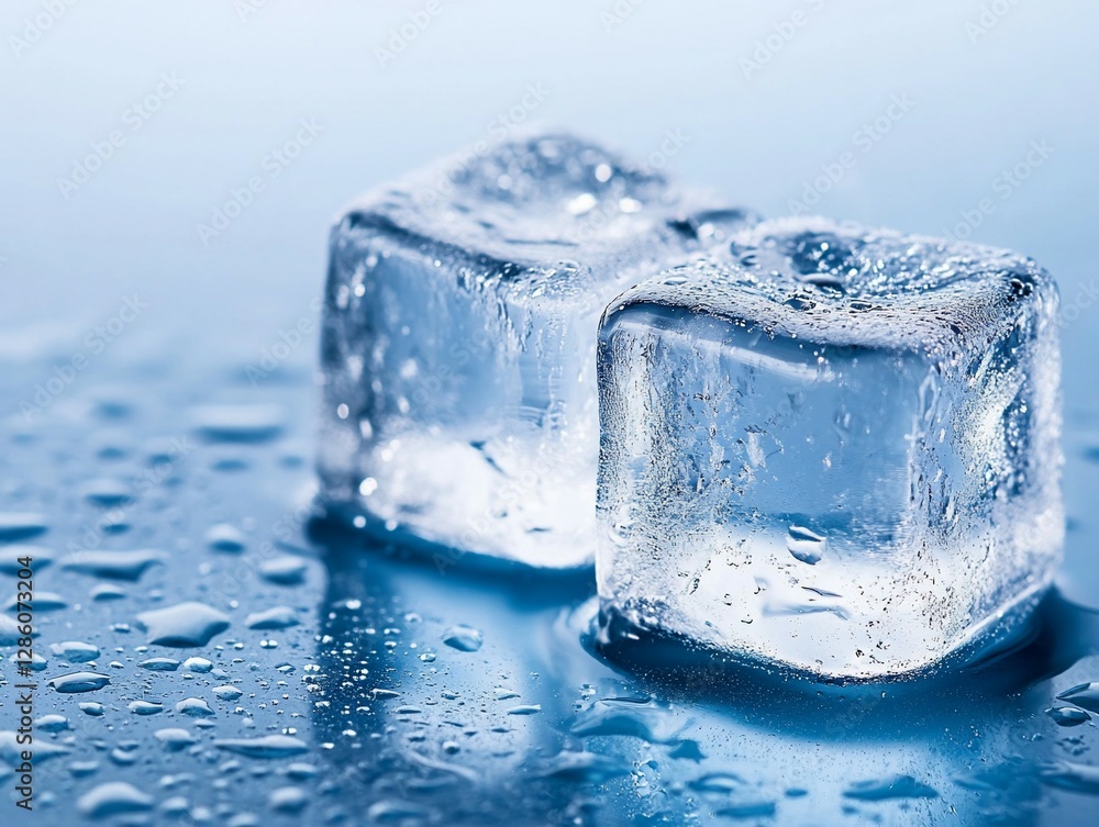 Two ice cubes on wet surface, cool background Two ice cubes on wet surface, cool background
