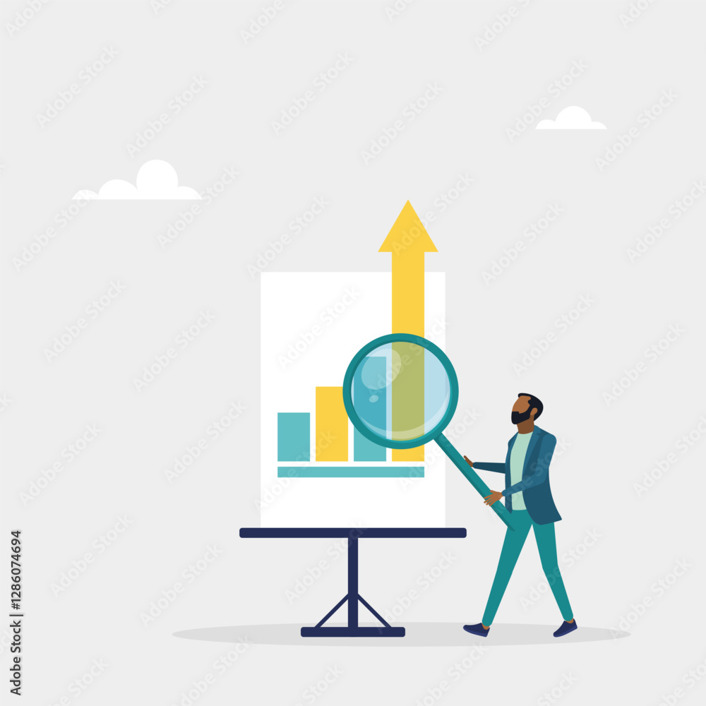 Research data, analysis of information in chat. Studying financial data or business growth. The character uses a magnifying glass to view graphs. Vector illustration Research data, analysis of information in chat. Studying financial data or business growth. The character uses a magnifying glass to view graphs. Vector illustration
