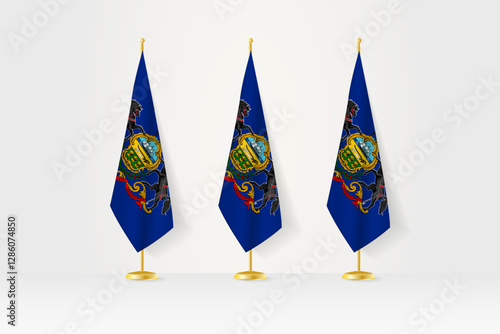 Three Pennsylvania flags in a row on a golden stand, illustration of press conference and other meetings.