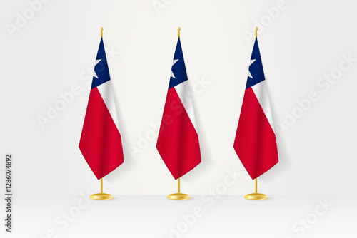 Three Texas flags in a row on a golden stand, illustration of press conference and other meetings.