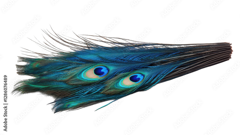 Obraz premium Colorful peacock feathers displayed elegantly against a white background showcasing their vibrant hues and intricate patterns