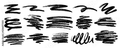 Grunge set of brush strokes in scratching style. Hand drawn charcoal doodle, collage elements. Black marker pen design shapes. Pencil sribbles, squiggles are isolated on white backdrop.