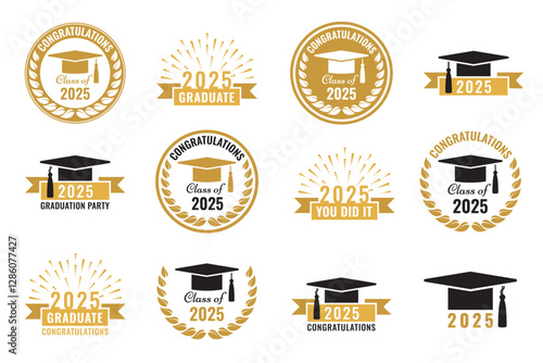 Graduation party logo design. Class of 2025 with graduation academic cap. Graduation symbols. Vector illustration. 