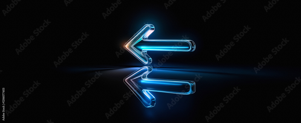 Two glossy blue arrows point left with a reflection effect against a dark backdrop. The arrows seem to be made of glass and are illuminated with a neon-like glow. Two glossy blue arrows point left with a reflection effect against a dark backdrop. The arrows seem to be made of glass and are illuminated with a neon-like glow.
