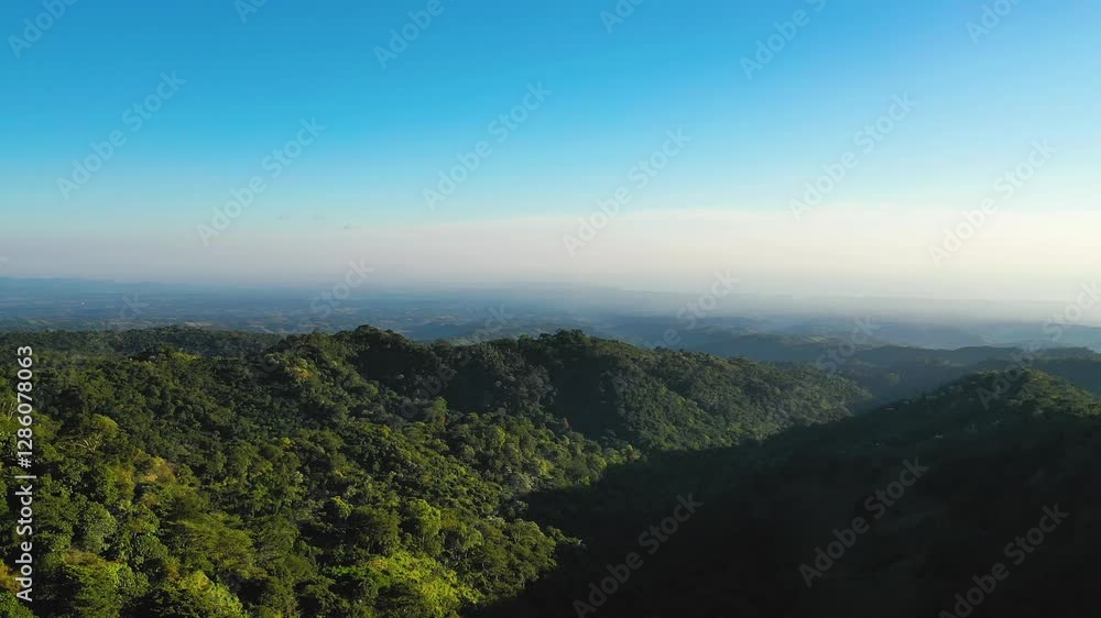 Through the treetops on the mountaintop, we see endless mountain valleys. High quality aerial drone shot, 4K Through the treetops on the mountaintop, we see endless mountain valleys. High quality aerial drone shot, 4K