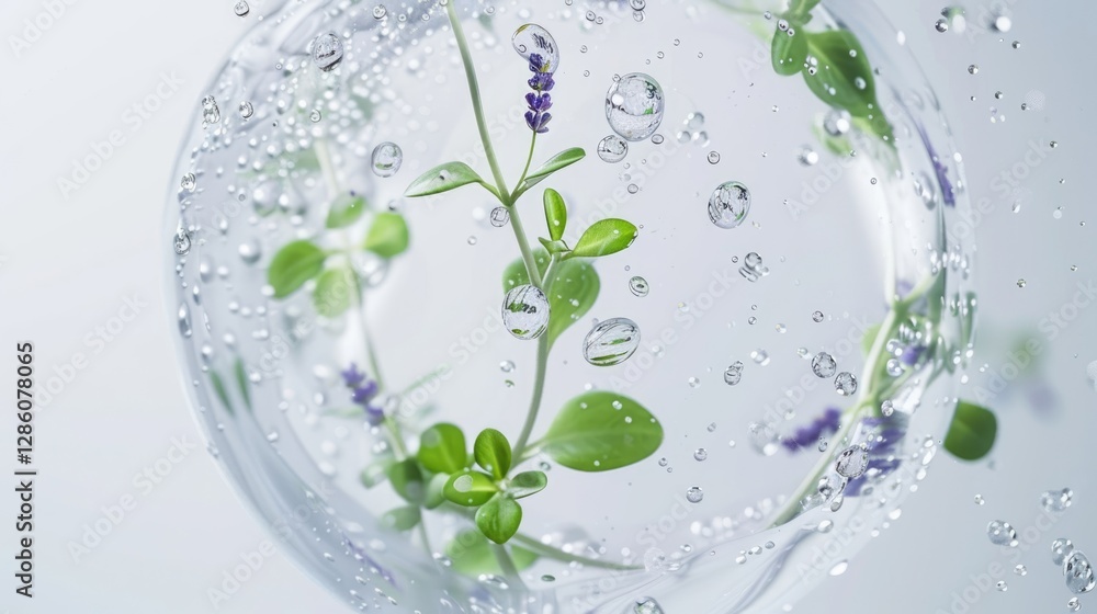 Purple wildflowers reflected in crystal water drop close up with soft background Purple wildflowers reflected in crystal water drop close up with soft background