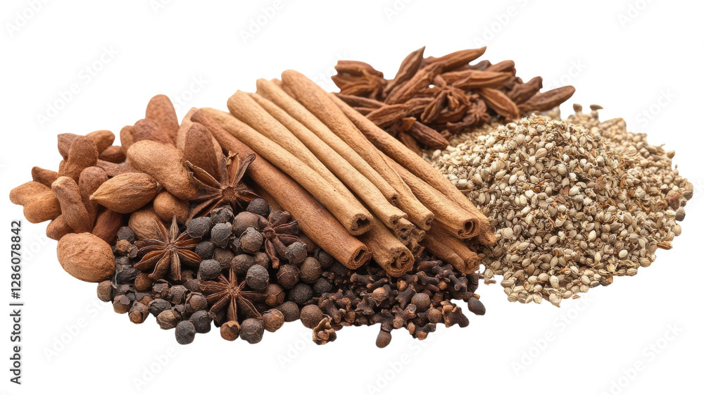 Diverse assortment of spices arranged on a white background showcasing unique textures and colors for culinary inspiration