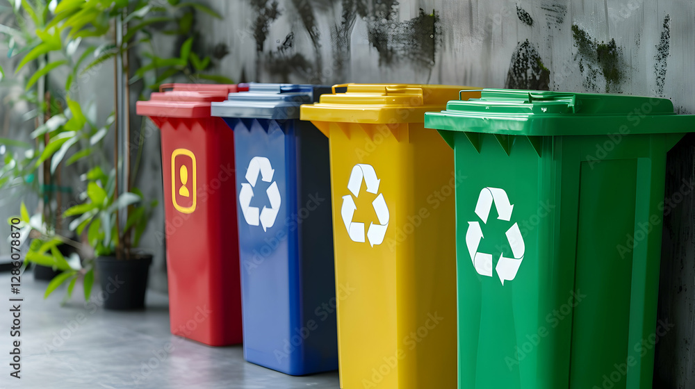 Colorful recycling bins arranged in a modern space with greenery in the background Colorful recycling bins arranged in a modern space with greenery in the background