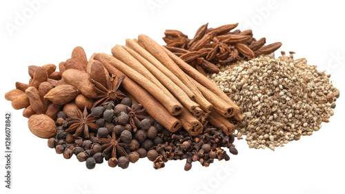 Obraz na płótnie Diverse assortment of spices arranged on a white background showcasing unique textures and colors for culinary inspiration w salonie