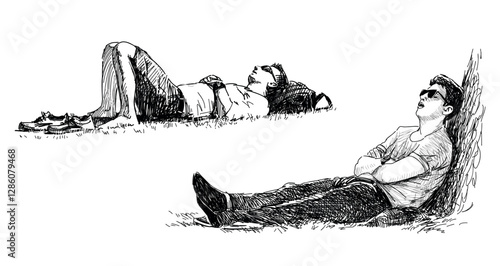 Sketches of two casual young city men sleeping outddors on summer day, relaxing, resting, realistic hand drawing, vector illustration
