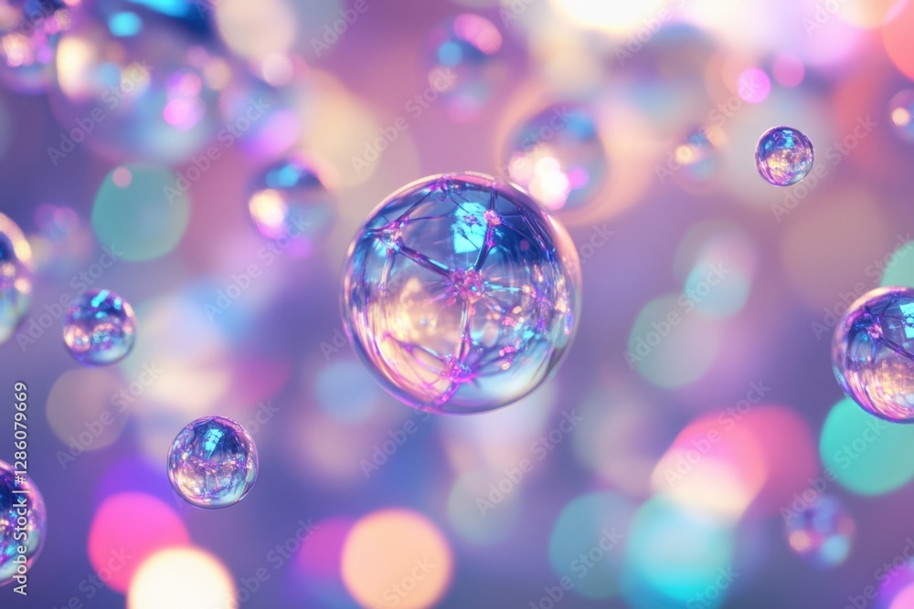 Shimmering bubbles float in a dreamy, colorful ambiance, creating a surreal atmosphere of light and reflections at twilight. Generative AI Shimmering bubbles float in a dreamy, colorful ambiance, creating a surreal atmosphere of light and reflections at twilight. Generative AI