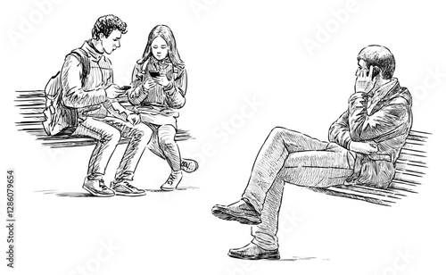 Sketches of casual city dwellers sitting on park benches, student couple looking at smartphones, man talking on mobile phone, realistic hand drawn vector illustration isolated on white background