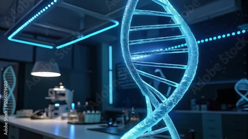 4K Close-Up of DNA Double-Helix Glowing with Neon Blue Energy