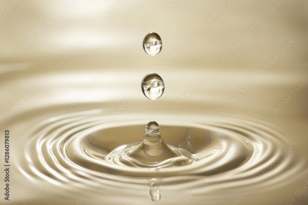 Droplets of water create mesmerizing ripples against a golden backdrop in a tranquil setting. Generative AI Droplets of water create mesmerizing ripples against a golden backdrop in a tranquil setting. Generative AI