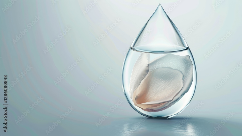 Delicate pink rose petal floating in crystal teardrop with soft background and gentle shadows Delicate pink rose petal floating in crystal teardrop with soft background and gentle shadows