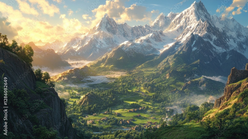 Naklejka premium Majestic Mountain Valley Panorama: A Serene Landscape