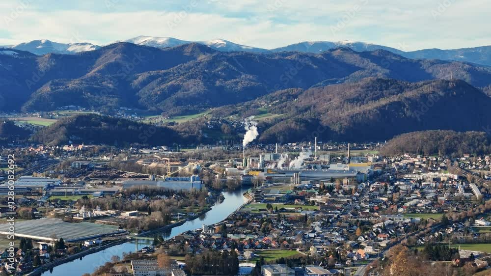 Aerial view of towns Gratkorn, Gratwein and Judendorf, suburbs in the north of Graz and the river Mur, Styria, Austria Aerial view of towns Gratkorn, Gratwein and Judendorf, suburbs in the north of Graz and the river Mur, Styria, Austria