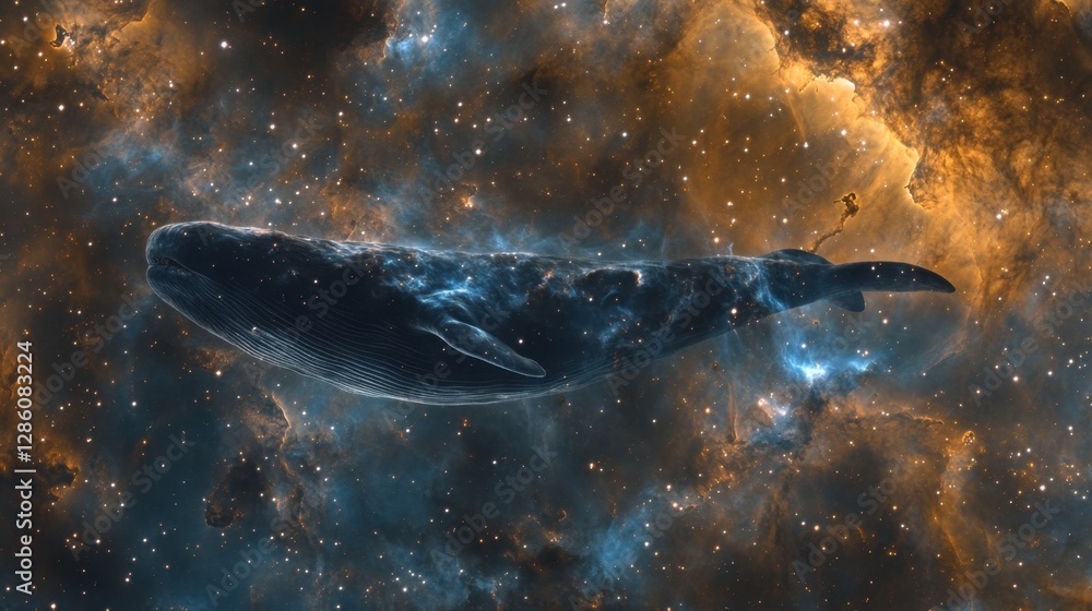 Fototapeta premium A massive space whale floats through an electric-blue nebula, leaving a trail of stardust