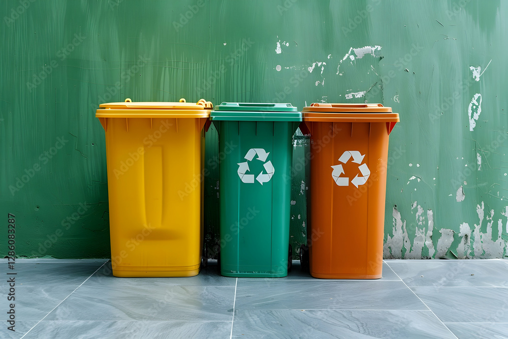 Three recycling bins in vibrant colors against a green wall, promoting waste separation and sustainability Three recycling bins in vibrant colors against a green wall, promoting waste separation and sustainability