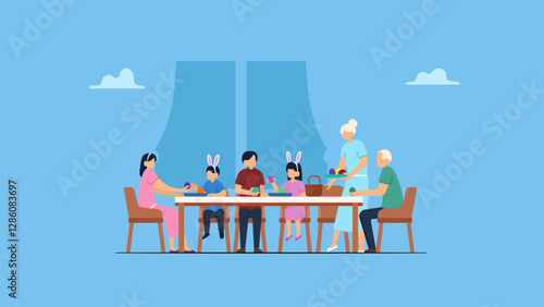 Happy family with eggs at dining table for Easter flat color vector characters. Festive dinner. Spring holiday celebration isolated cartoon illustration for web graphic design and animation.