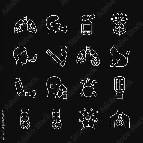 Asthma line white icon set on black background. Vector collection with lung, cough, pollen, inhaler, flow peak meter, dust mite, fungal mold.  Symptoms and causes of asthma. Editable stroke.