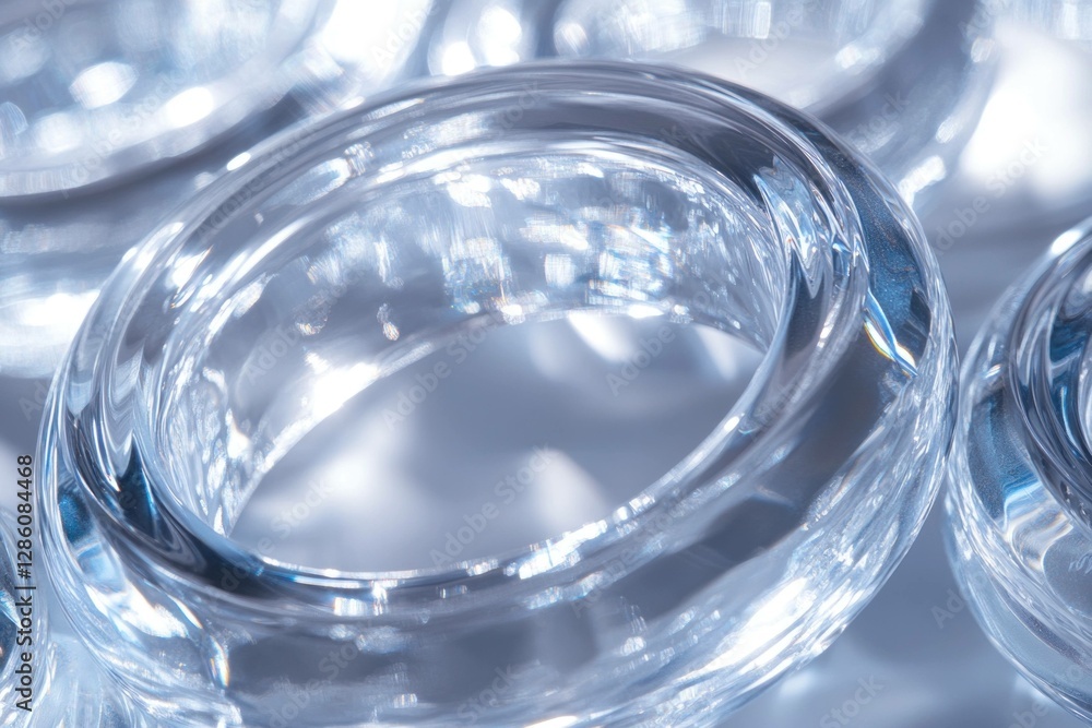 Close up of transparent crystal rings illuminated by soft light, showcasing intricate details and reflections, perfect for jewelry photography or decorative arts Close up of transparent crystal rings illuminated by soft light, showcasing intricate details and reflections, perfect for jewelry photography or decorative arts