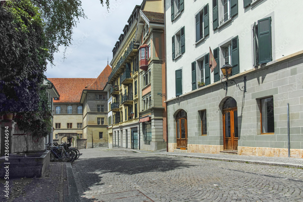Obraz premium Building and street at city of Lausanne, Switzerland