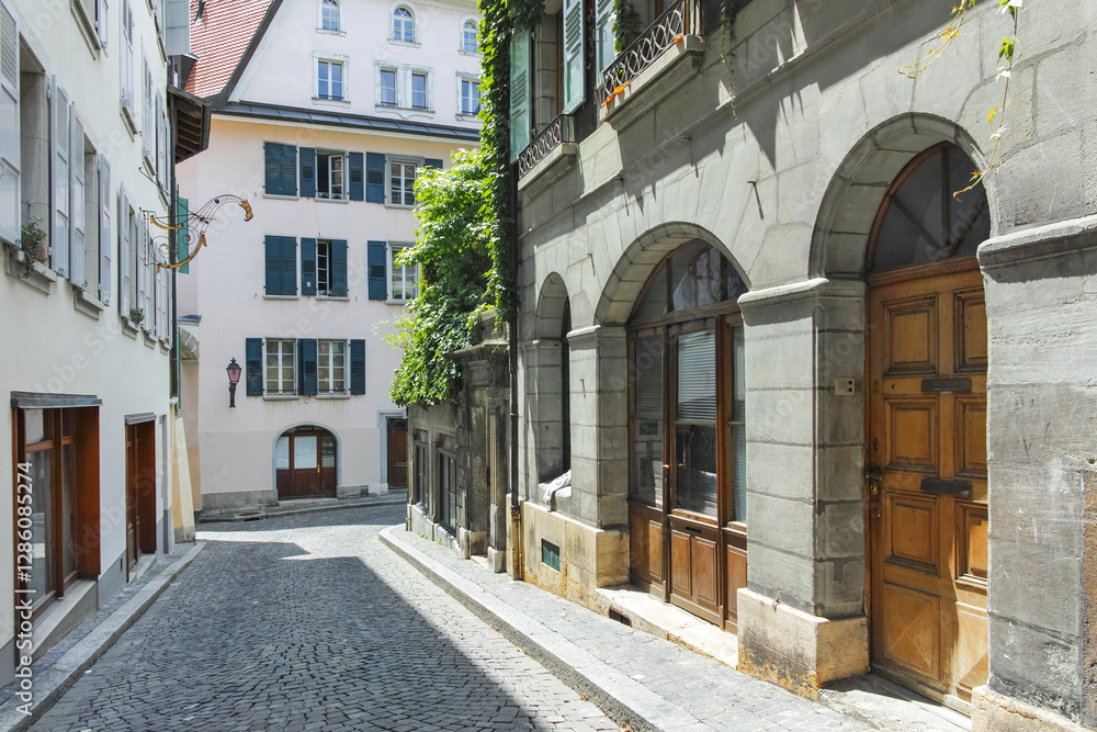 Obraz premium Building and street at city of Lausanne, Switzerland