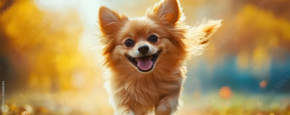Adorable small dog running in autumn park with golden leaves, capturing joy and energy. Adorable small dog running in autumn park with golden leaves, capturing joy and energy.