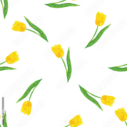 Yellow green Tulips Seamless Pattern, Watercolor Floral Print, Spring Garden Botanical Illustration on White