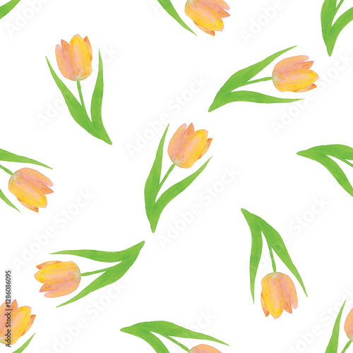 Red yellow Tulips Seamless Pattern, Watercolor Floral Print, Spring Garden Botanical Illustration on White