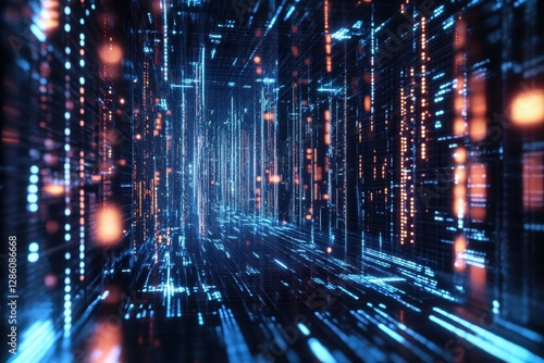 Digital landscape of vibrant blue and orange lights flowing through a futuristic corridor. Generative AI