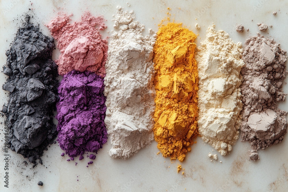 Fototapeta premium Collection of rare earth mineral powders in different colors, displayed in small mounds