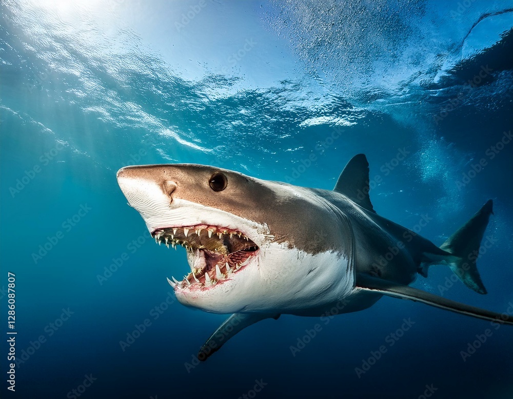 Naklejka premium A shark attacking with its mouth open underwater